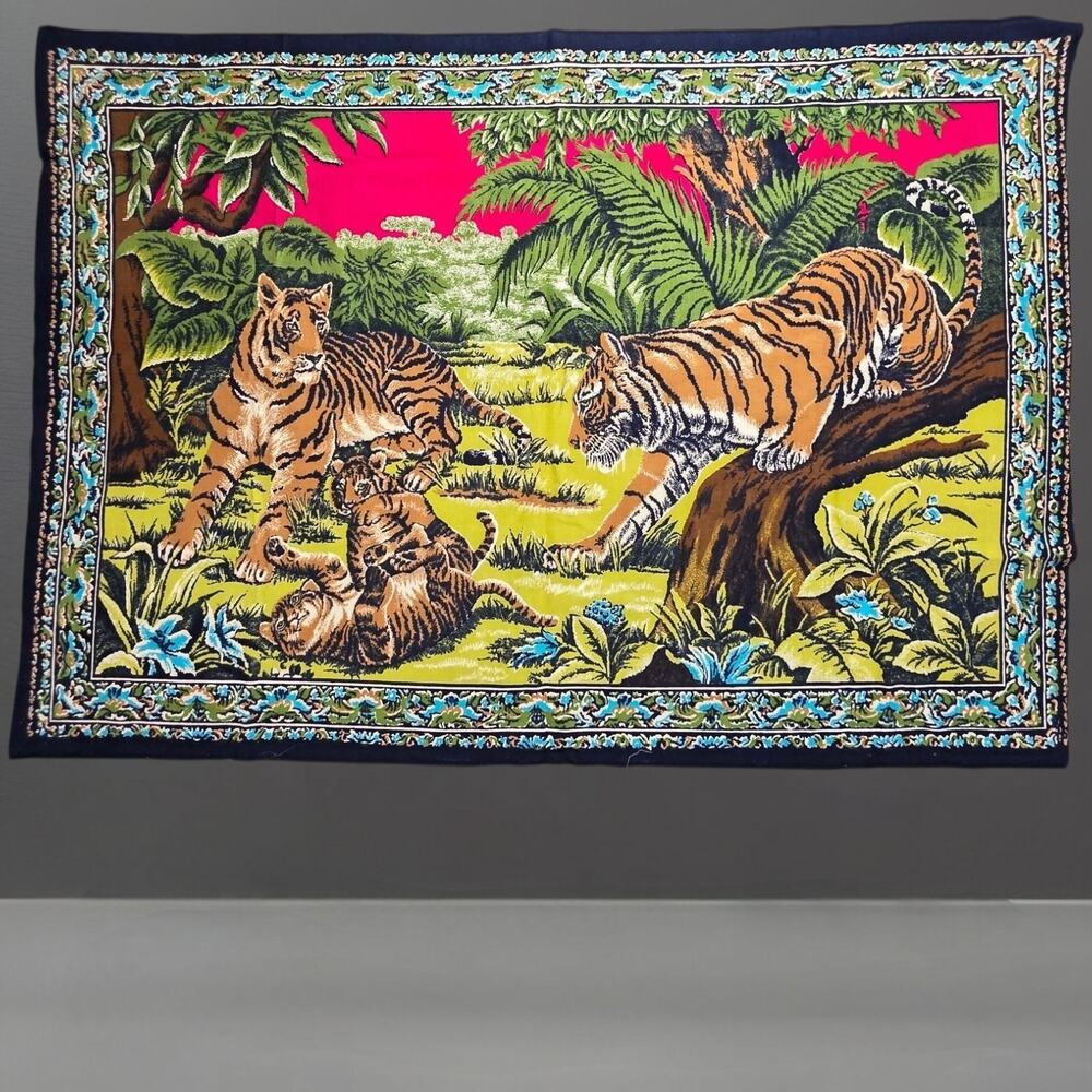 Vintage 1970s Jungle Tiger Scene Wall Tapestry Retro Boho Decor
